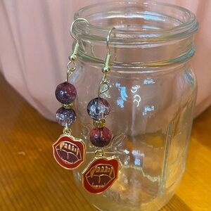 Hand Crafted Red and Gold Earrings with Vampire Mouth Charm